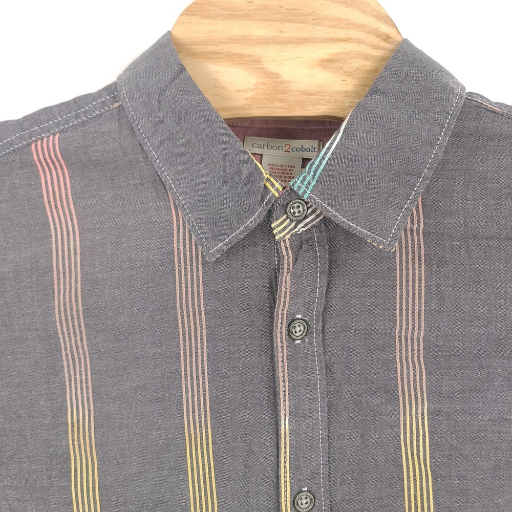 Carbon2Cobalt Shirt Mens Large Gray Pink Vertical Stripe Short Sleeve Button